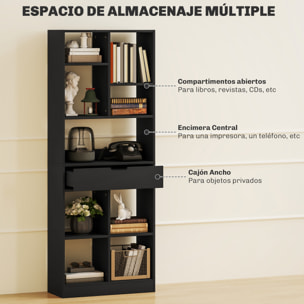 Estantería para Libros Librería con Cajón y 9 Compartimientos de Almacenamiento Librería Estantería para Salón Oficina Estudio 60x26x158 cm Negro