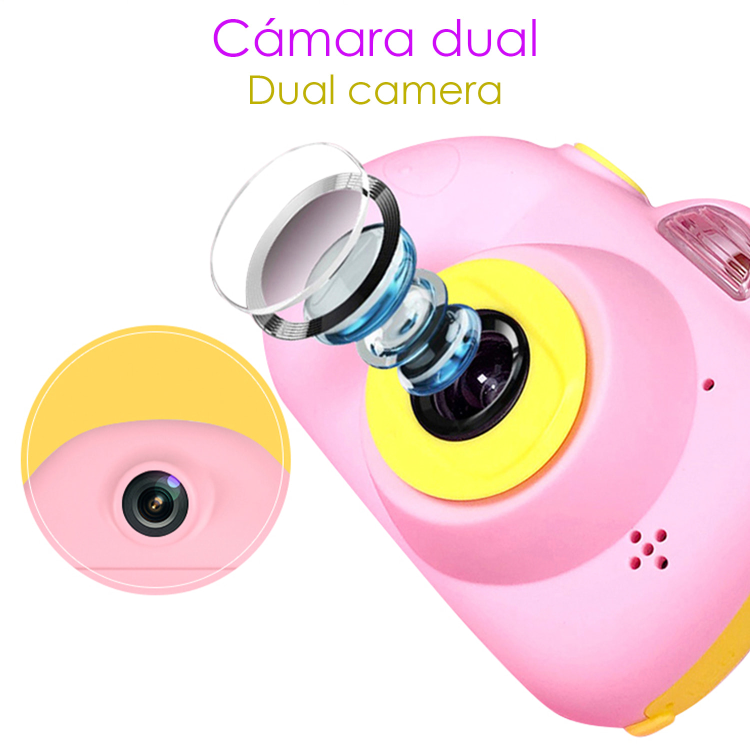 DAM Cámara digital D6V de fotos 26mpx y video HD para niños. Pantalla de 2 pulgadas. Con filtros y efectos. Lanyard de transporte. 9,3x4,5x6,8 Cm. Color: Rosa