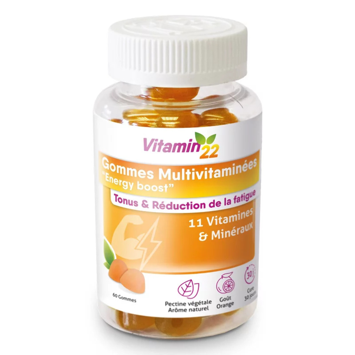 VITAMIN'22 - Gommes Multivitaminées "Energy Boost" - Complément alimentaire à base de 11 vitamines & minéraux - Tonus & Réduction de la fatigue - Goût orange - 60 gommes - Cure 30 jours