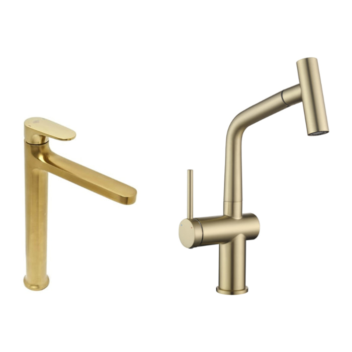 Dark set mitigeur lavabo XL + mitigeur cuisine Ceramia Timeless acier inoxydable, douchette extractible, or (SATTMLDA1285BG)