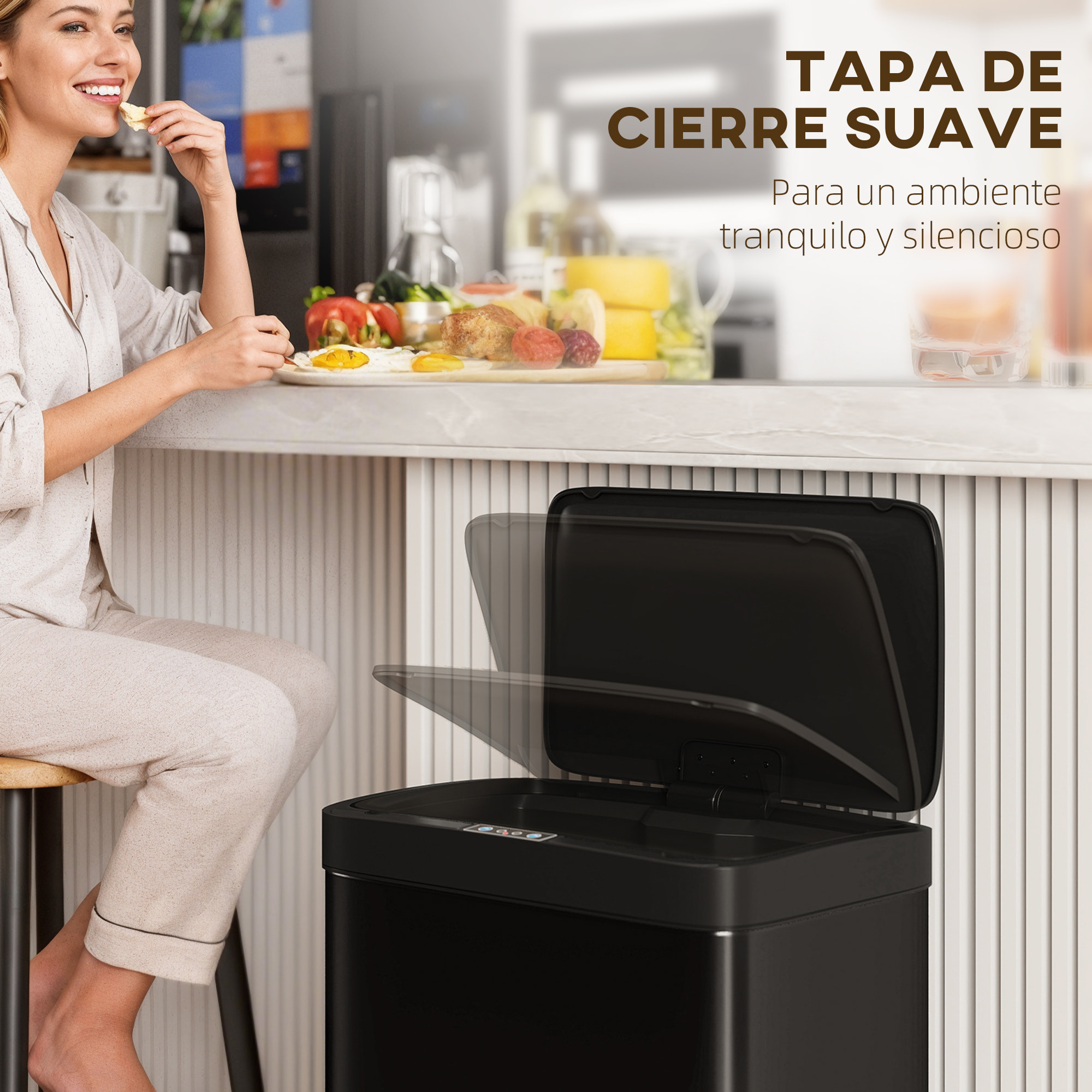 Cubo de Basura Cocina Automático 45 L, Papelera de Cocina de Metal con Sensor Infrarrojo, Cierre Suave, Cubo Interior Extraíble, Antihuellas, para Oficina, Hogar, Negro