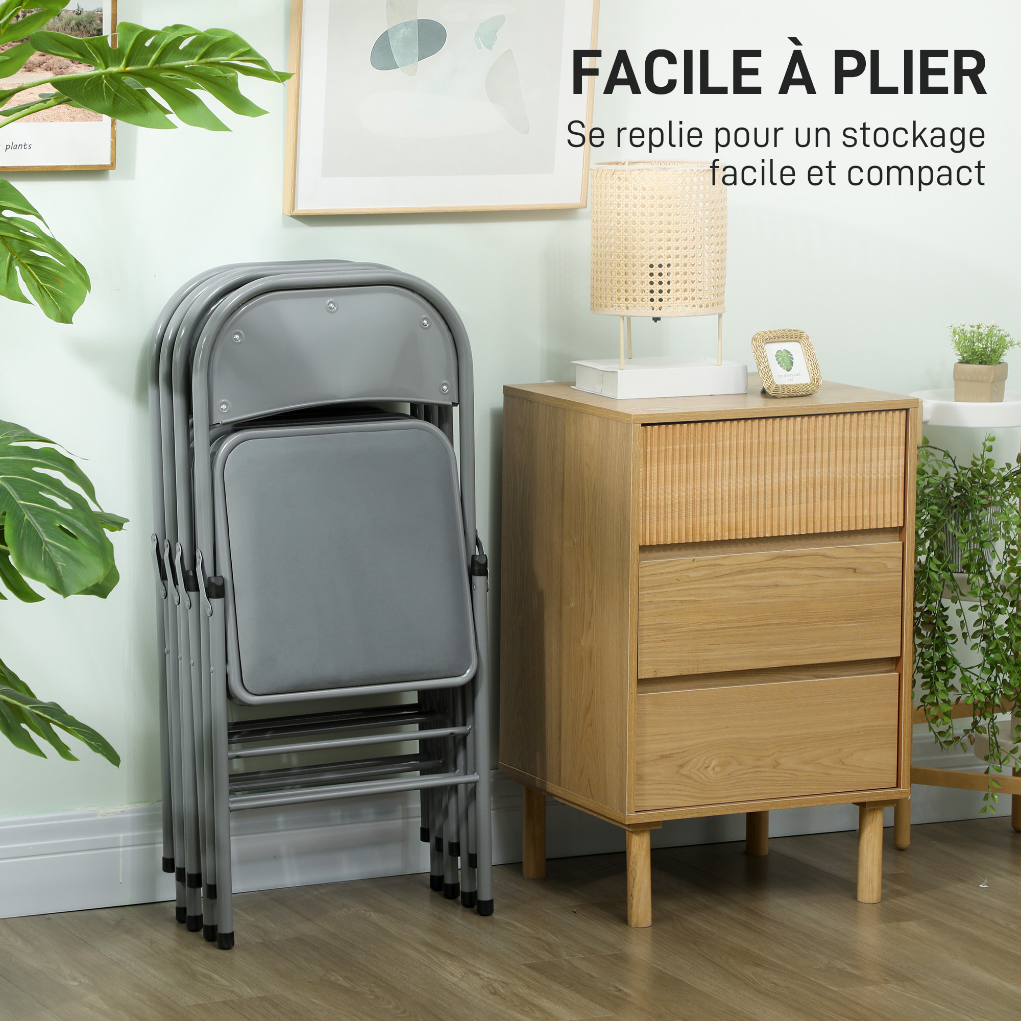 Lot de 4 chaises pliantes assise dossier rembourrés acier velours gris