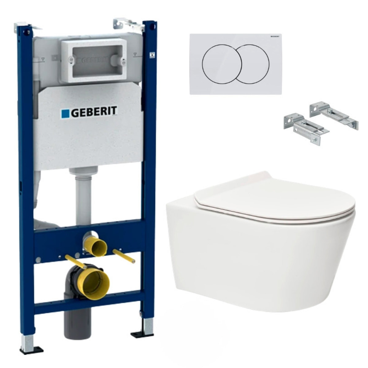 Pack WC sans bride Brevis, fixations invisibles + Abattant softclose slim + Bâti support Geberit UP100 + Plaque blanche