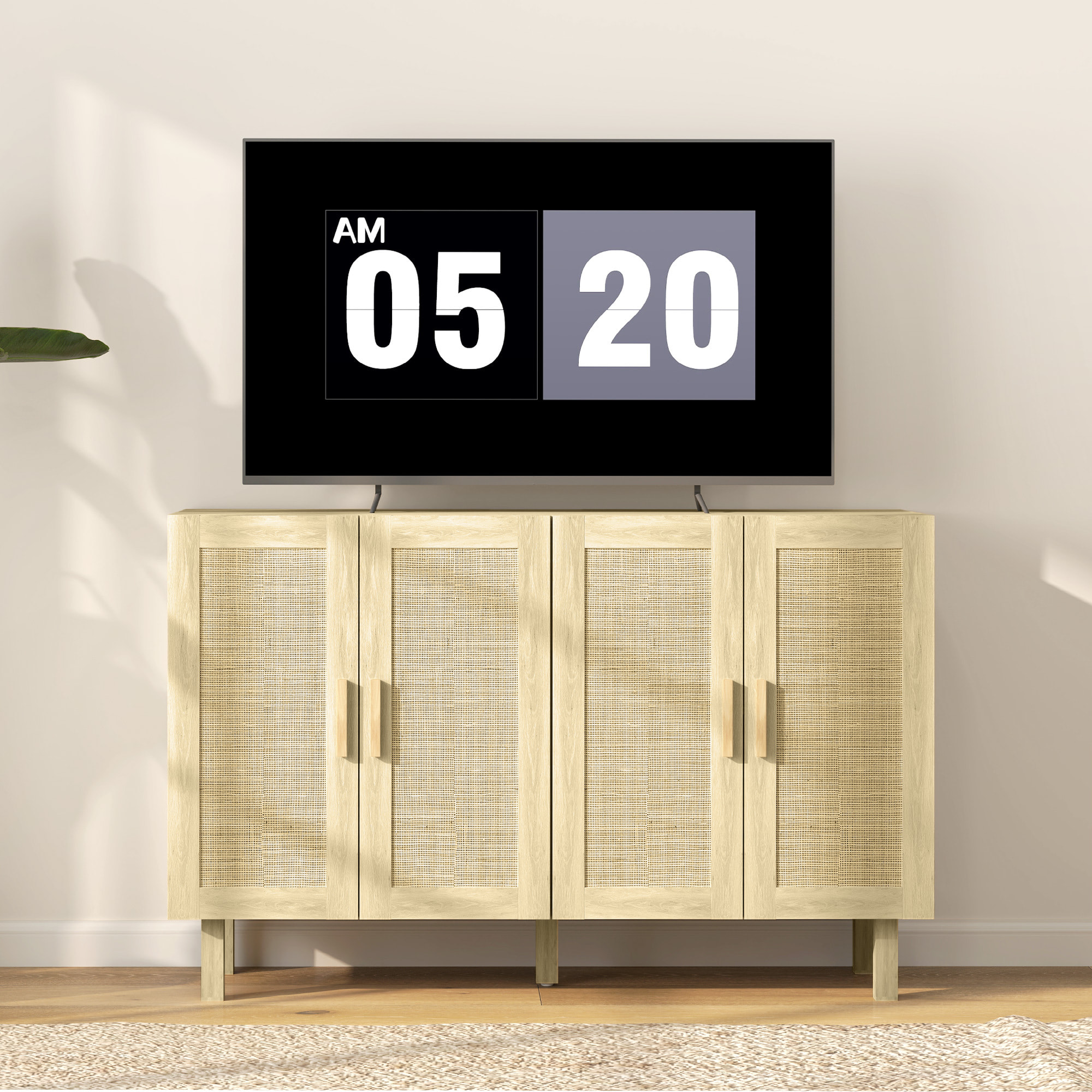 Aparador 4 Puertas de Rejilla de Ratán Aparador para Salón Nórdico con Estantes Ajustables para Comedor Entrada Dormitorio Natural 120x39,5x76 cm