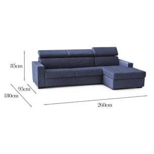 Divano fisso Mikaela, Divano ad angolo, 100% Made in Italy, Sofà Soggiorno con chaise longue, in tessuto imbottito - Penisola contenitore Destra, con Braccioli slim, Cm 260x95h85, Blu