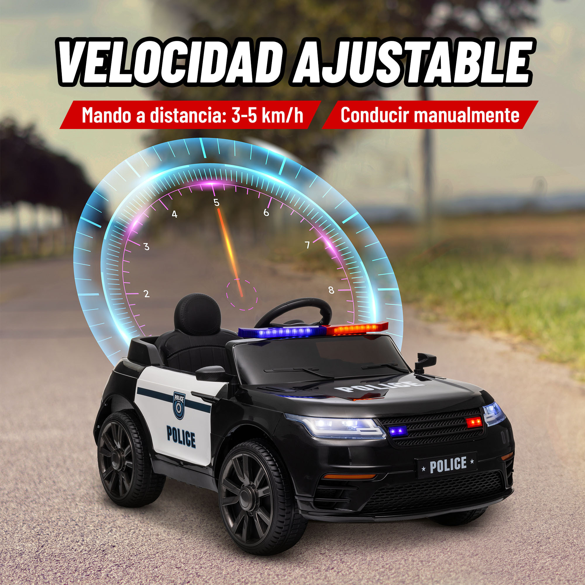 Coche Eléctrico para Niños de +3 Años Carro Eléctrico Infantil de Policía con Batería 12V Mando a Distancia Faros Bocina Sirena Música y Rueda de Entrenamiento Negro