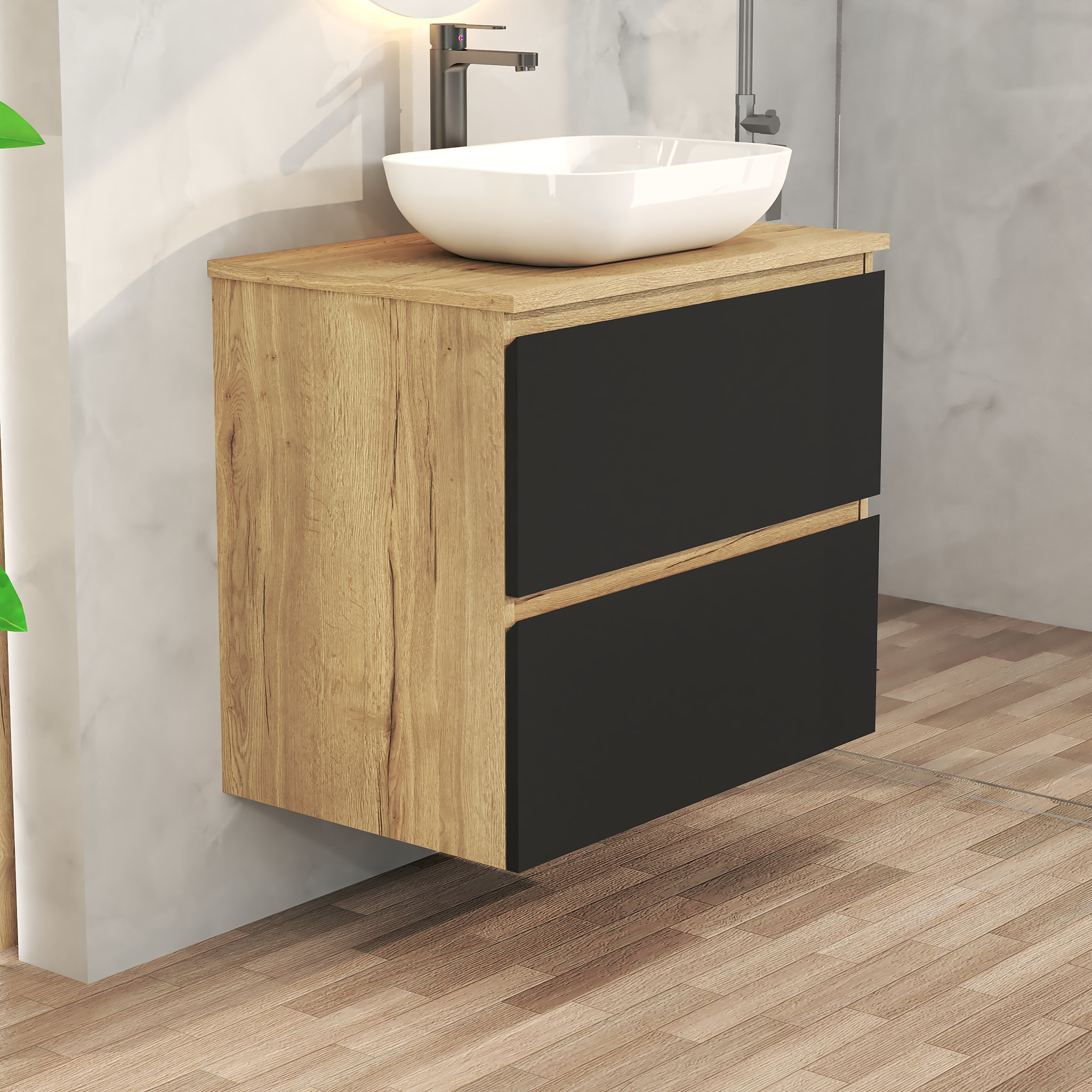 Conjunto de Baño Nia | Mueble Suspendido | 70 cm Negro | Dos Cajones | Lavabo Sobrepuesto | No incluye Espejo | Mueble Montado| Alday