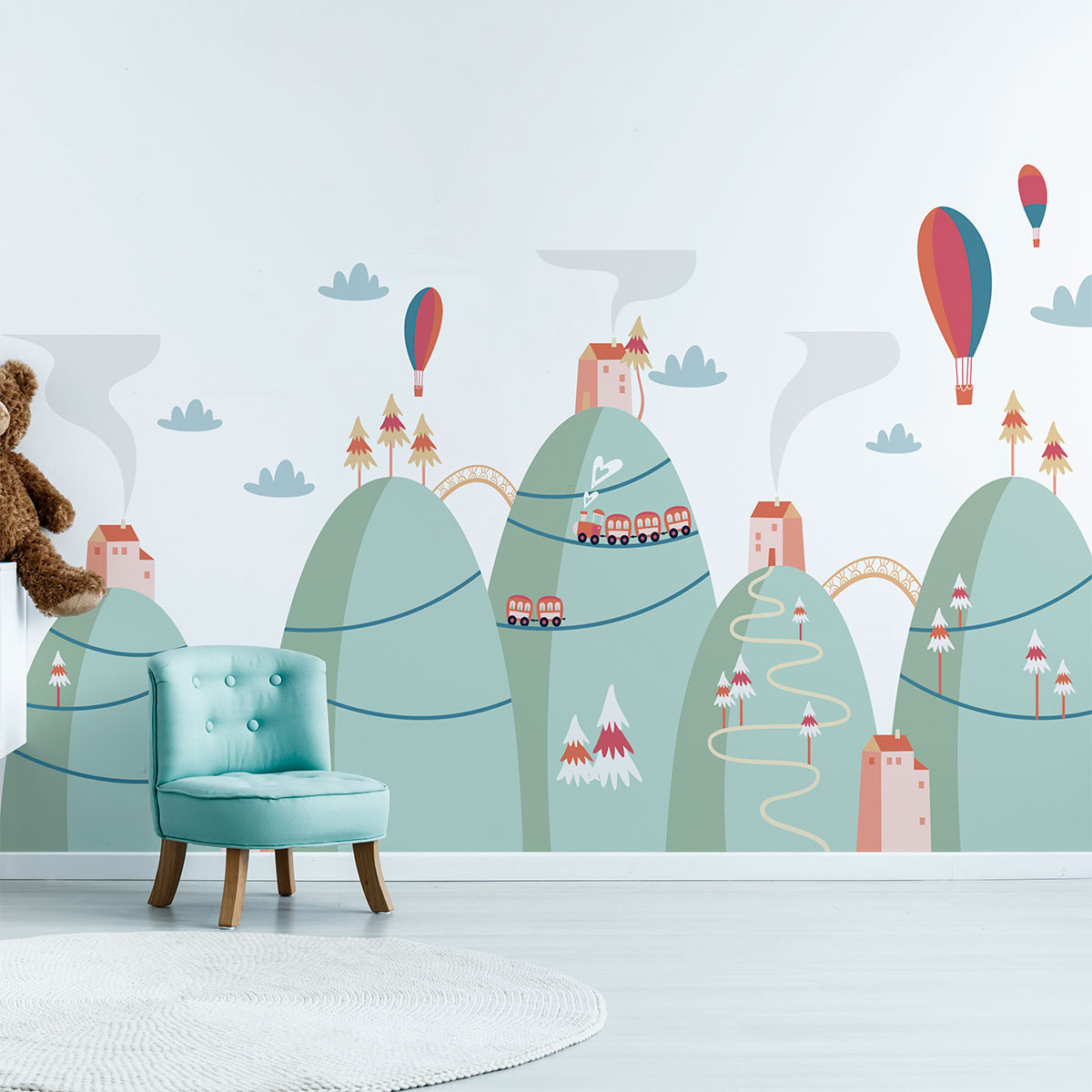 Stickers muraux enfants - Décoration chambre bébé - Autocollant Sticker mural géant enfant montagnes scandinaves MONTGOLFIÈRES DANS LE PAYSAGE