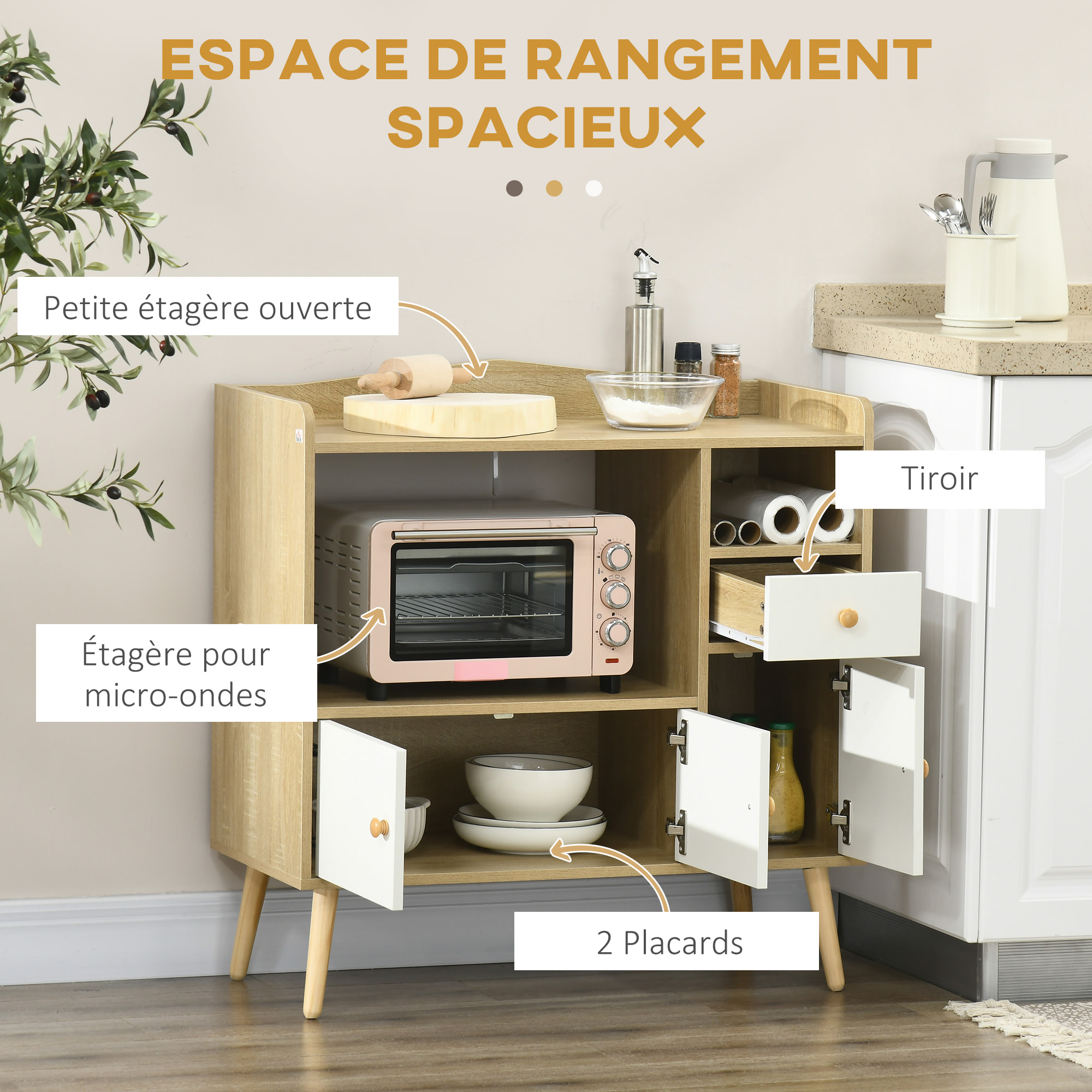 Meuble de rangement buffet de cuisine pour micro-ondes avec placards tiroir 85 x 40 x 88,5 cm naturel et blanc