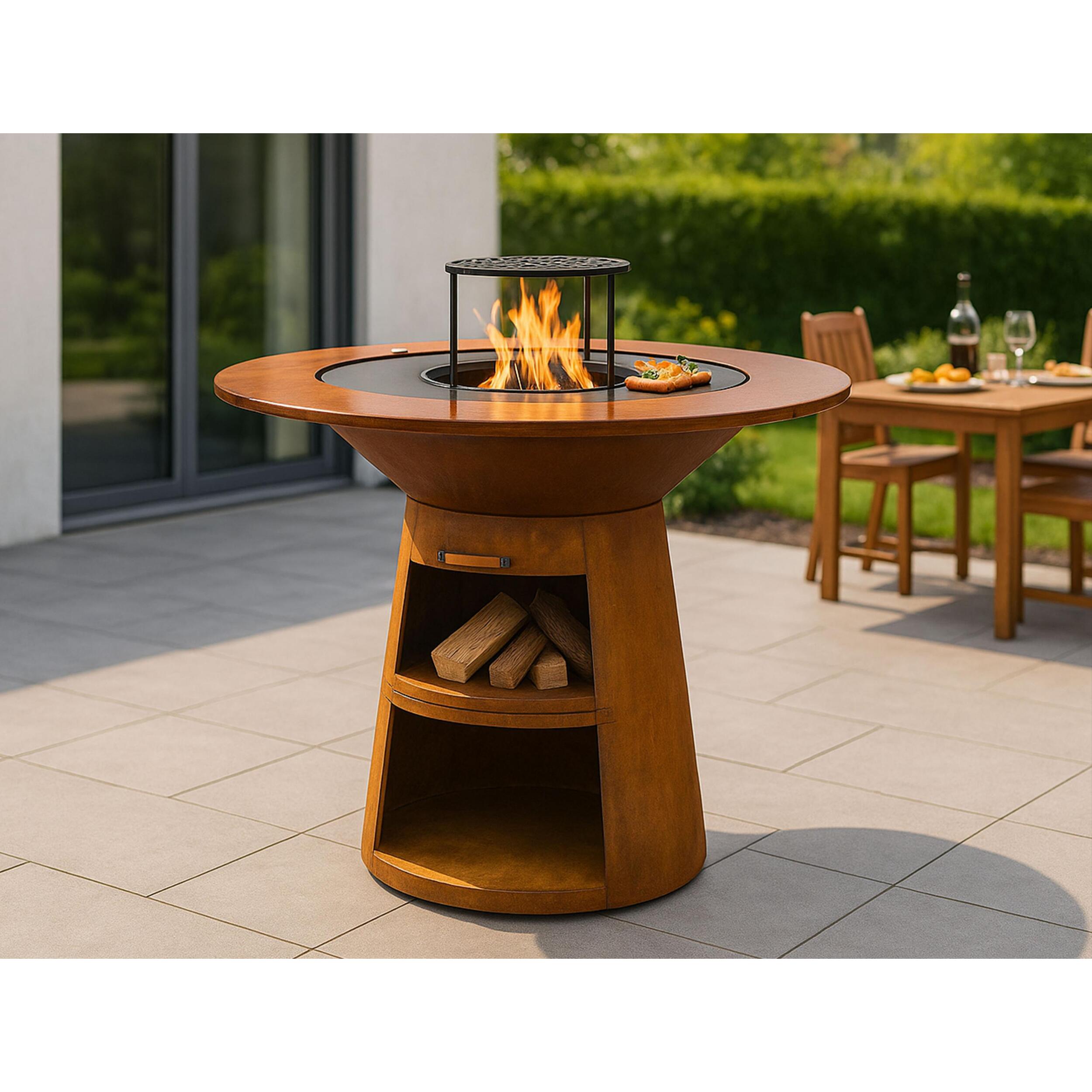 Barbacoa redonda con plancha de acero y grill y tablero de madera EFP59CO WOOD PURLINE  W