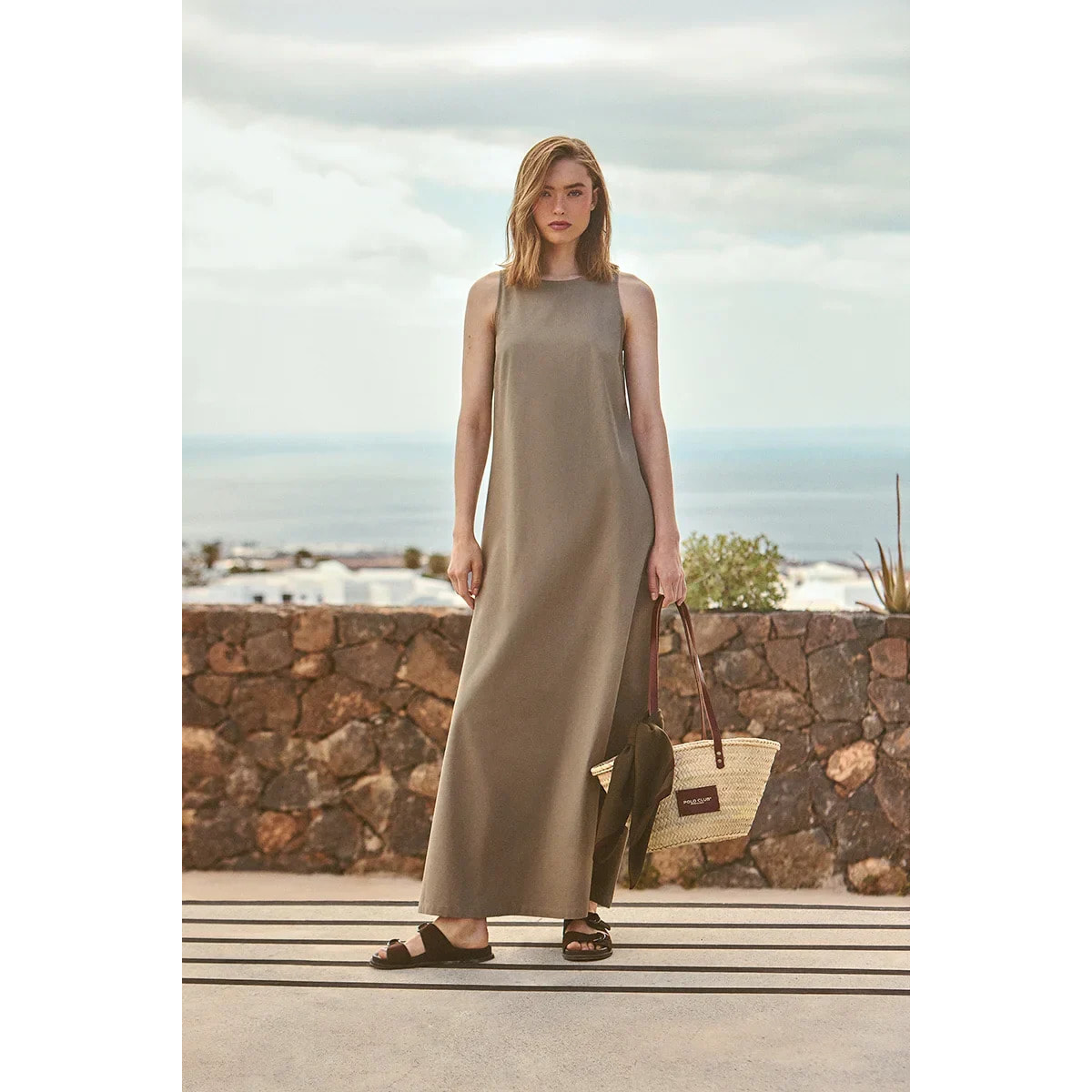 Vestido cotolino caqui sin mangas con logo Polo Club