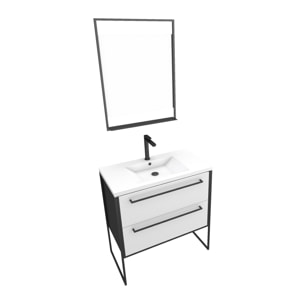 Pack meuble de salle de bain 80x50 cm NOIR MAT - 2 tiroirs blanc - vasque blanche + miroir LED