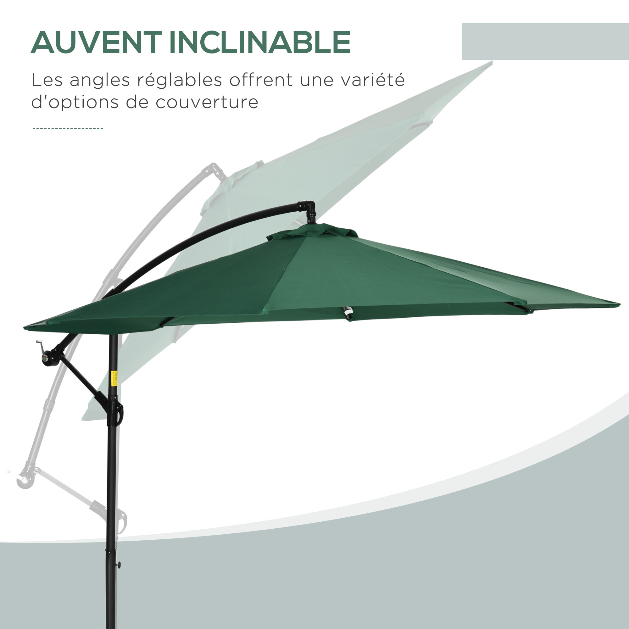 Parasol déporté octogonal inclinable pivotant manivelle pied acier Ø 2,9 x 2,4H m vert