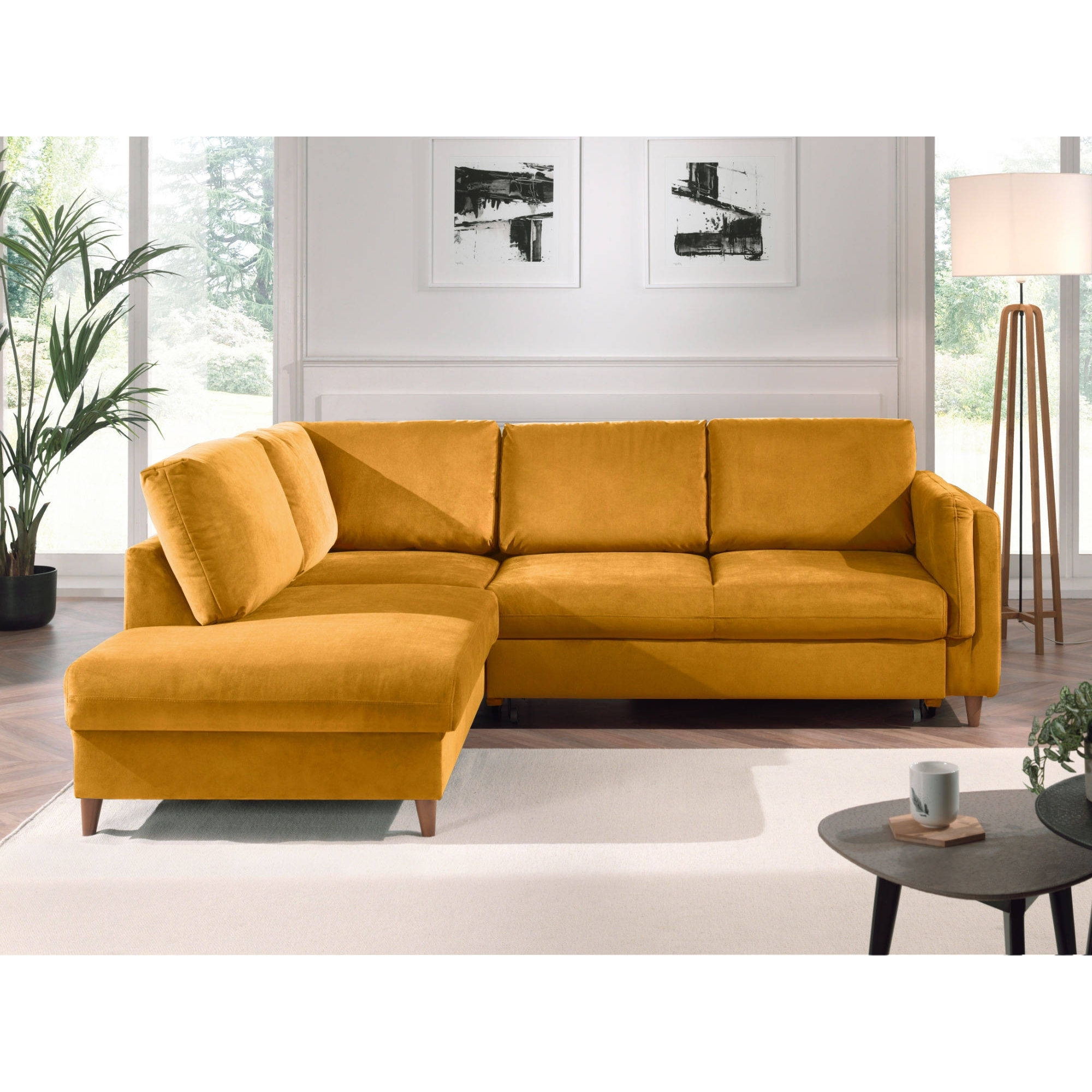 Brooke - canapé d'angle gauche - convertible - 5 places - en velours - Jaune