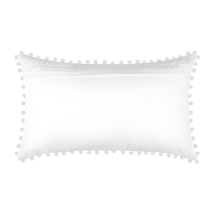 Coussin rectangulaire en coton déhoussable à pompons - Blanc