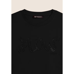 T-shirt Cropped con grafica "FLOW" e borchie