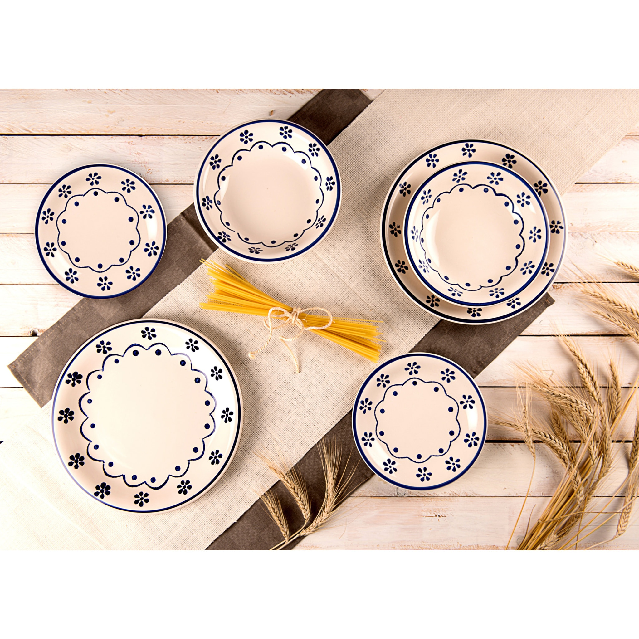 Service 18 assiettes Excelsa Old Cottage, céramique, blanc et bleu