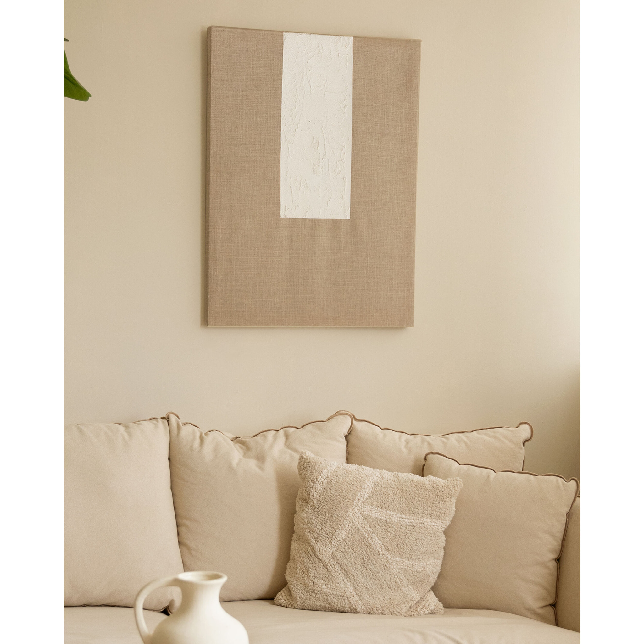 Cuadro beige y blanco decorativo sobre lino con bastidor de madera pintado artesanalmente con pintura al óleo en varias medidas