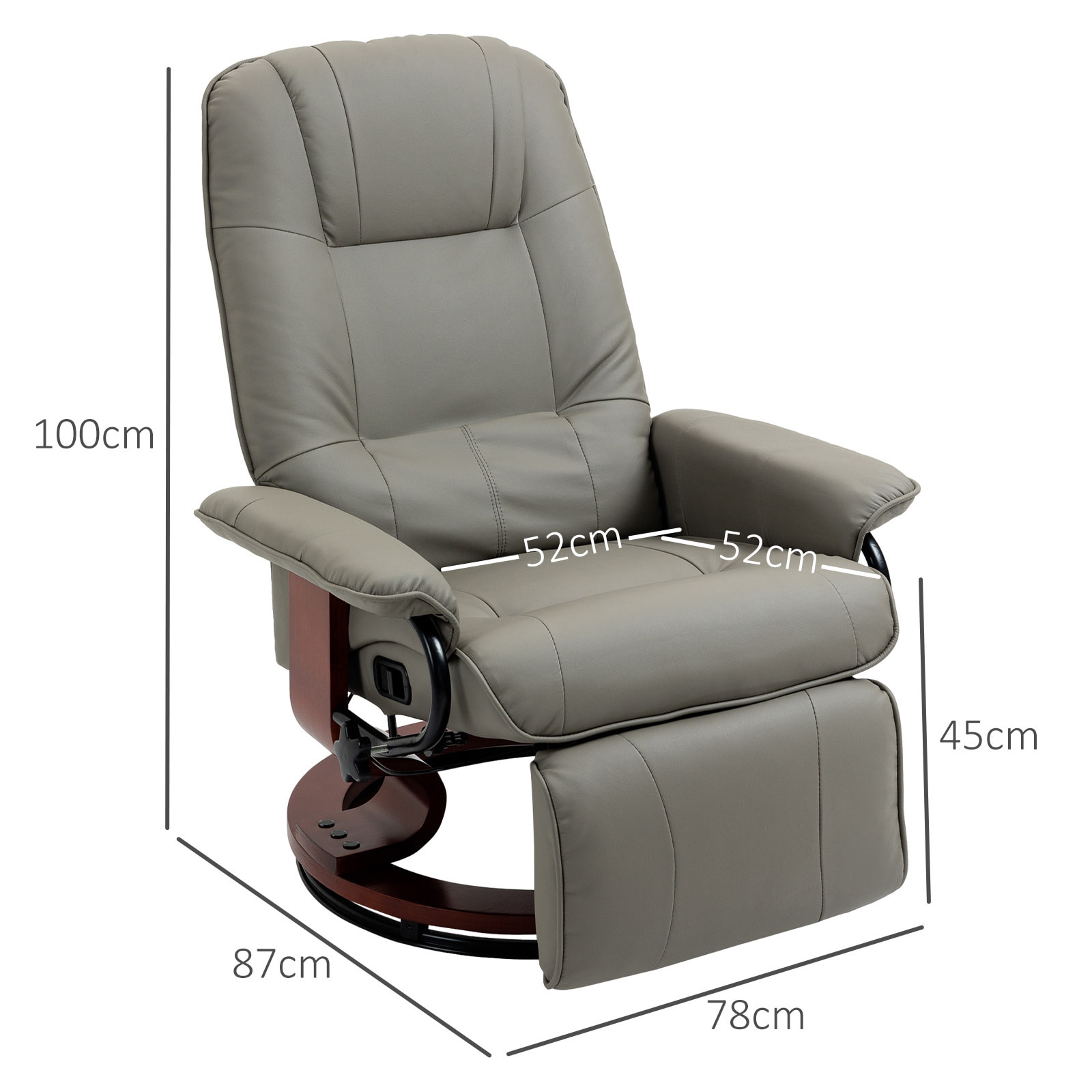 Fauteuil relax inclinable pivotant repose-pied réglable piètement bois revêtement synthétique gris