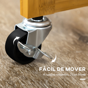 Juego de Mesa Alta de Bar y 2 Taburetes, Mesa Alta de Cocina de Bambú con Ruedas, Tablero Plegable, Ahorro Espacio, Cajones, Toalleros y Reposapiés, Marrón