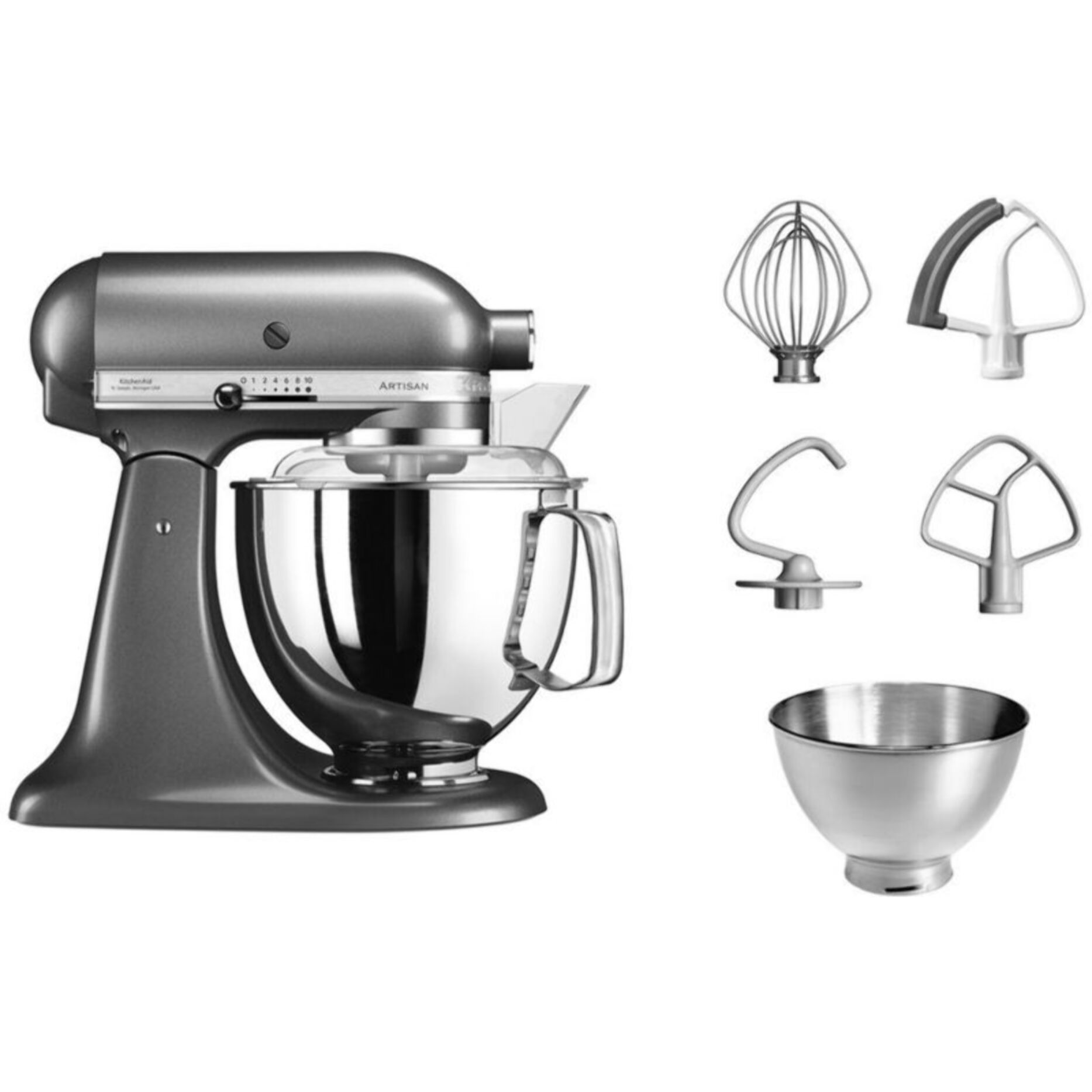 Robot pâtissier KITCHENAID 5KSM175EMS gris étain, 4,8 L, bol avec poignée + bol 3 L, batteur souple et couvercle