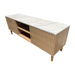 TOMAR Meuble TV aspect bois rainuré et marbre avec tiroirs et placard 150cm