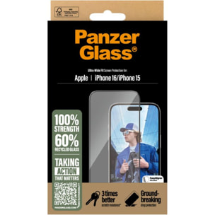 Protège écran PANZERGLASS iPhone 16 verre trempé Ultra-Wide Fit