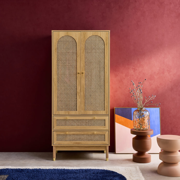 Dressing penderie JUDITH 2 portes 2 tiroirs cannage. poignées et pieds finition dorée. 80 x 50 x 180 cm