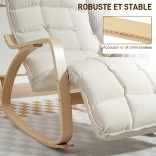 Fauteuil à bascule style nordique repose-pieds ajustable épais coussin blanc cassé bois clair cintré