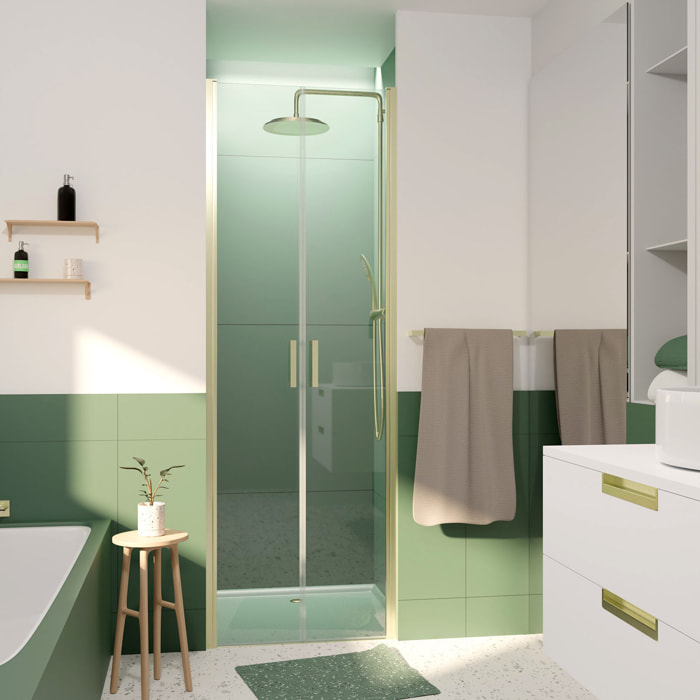 Porte de Douche Double Battant 70x200cm - Verre Trempé Transparent 6mm - Profil Or Doré Brossé