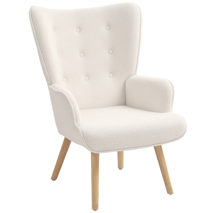 Fauteuil à oreilles style nordique piètement bois effet laine bouclée beige clair