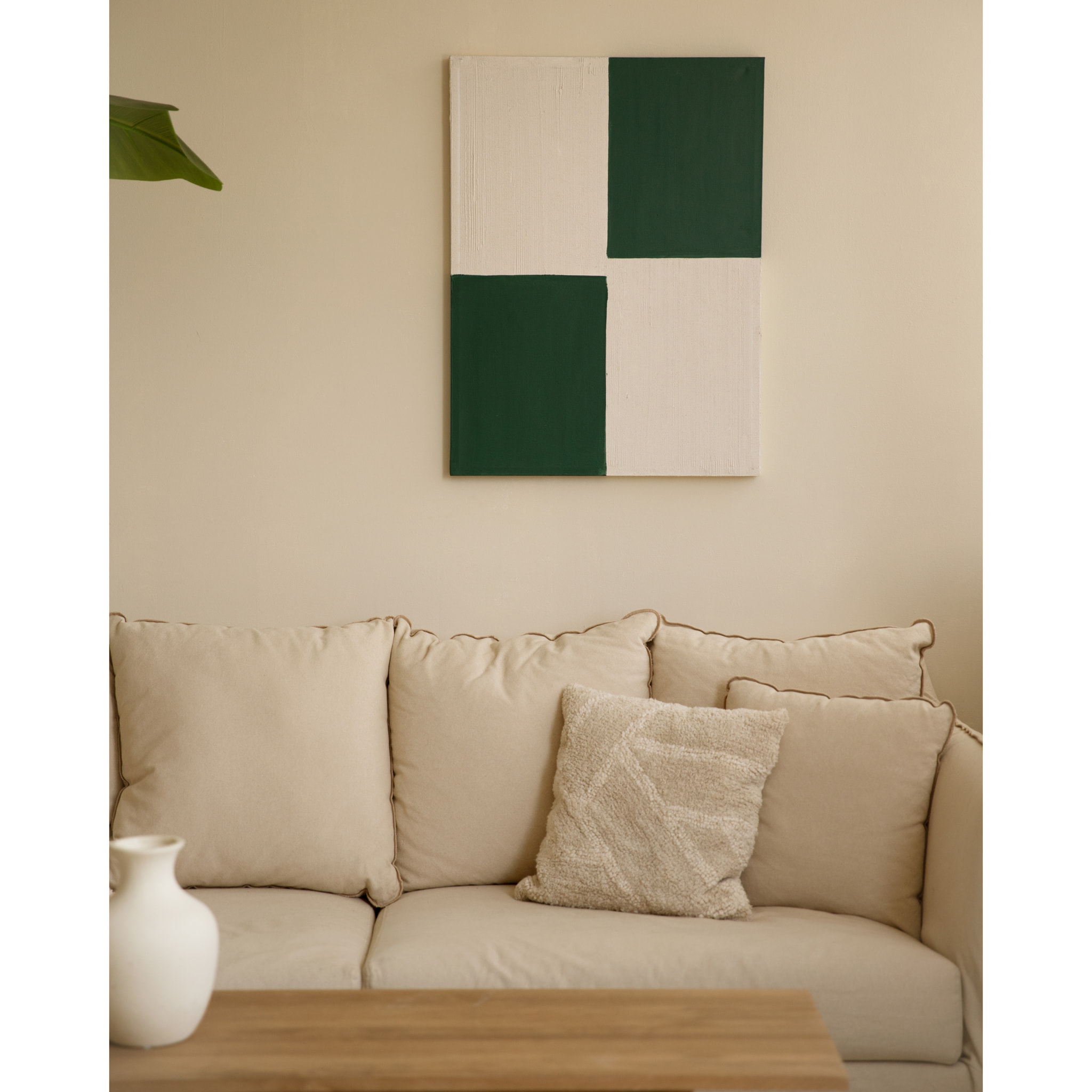 Tableau vert et blanc décoratif sur coton avec cadre en bois peint à la main à la peinture à l'huile en différentes tailles