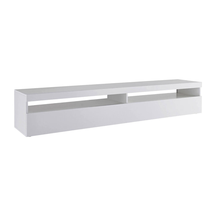 Mobile porta TV Akon, Credenza bassa da soggiorno, Base porta televisione, 100% Made in Italy, cm 200x45h36, Bianco lucido, con luce LED