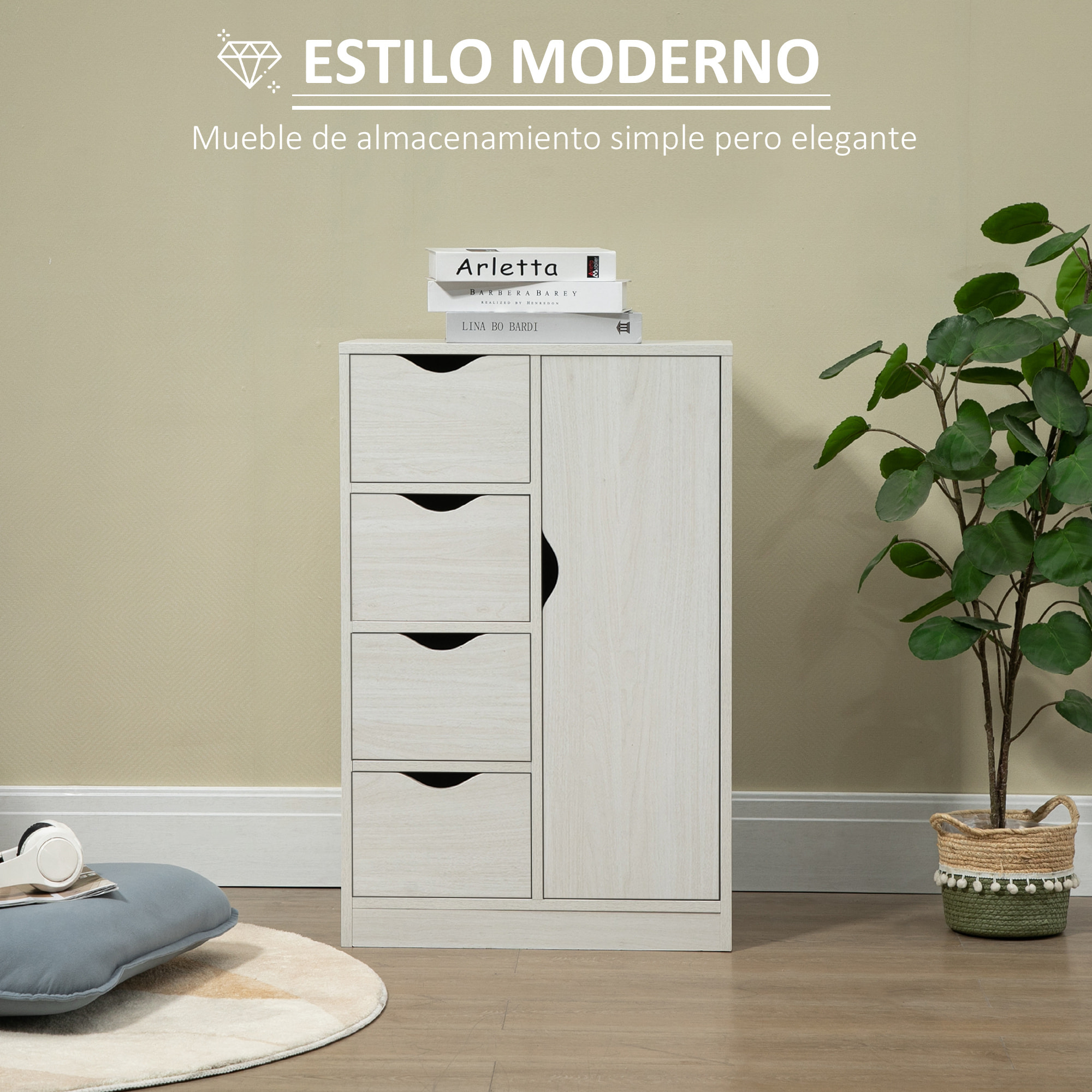 Armario de Salón Aparador Auxiliar con 4 Cajones 1 Puerta y Estante Interior Mueble de Almacenaje Multiusos para Baño Dormitorio Comedor 54x29x83 cm Blanco con Grano de Madera