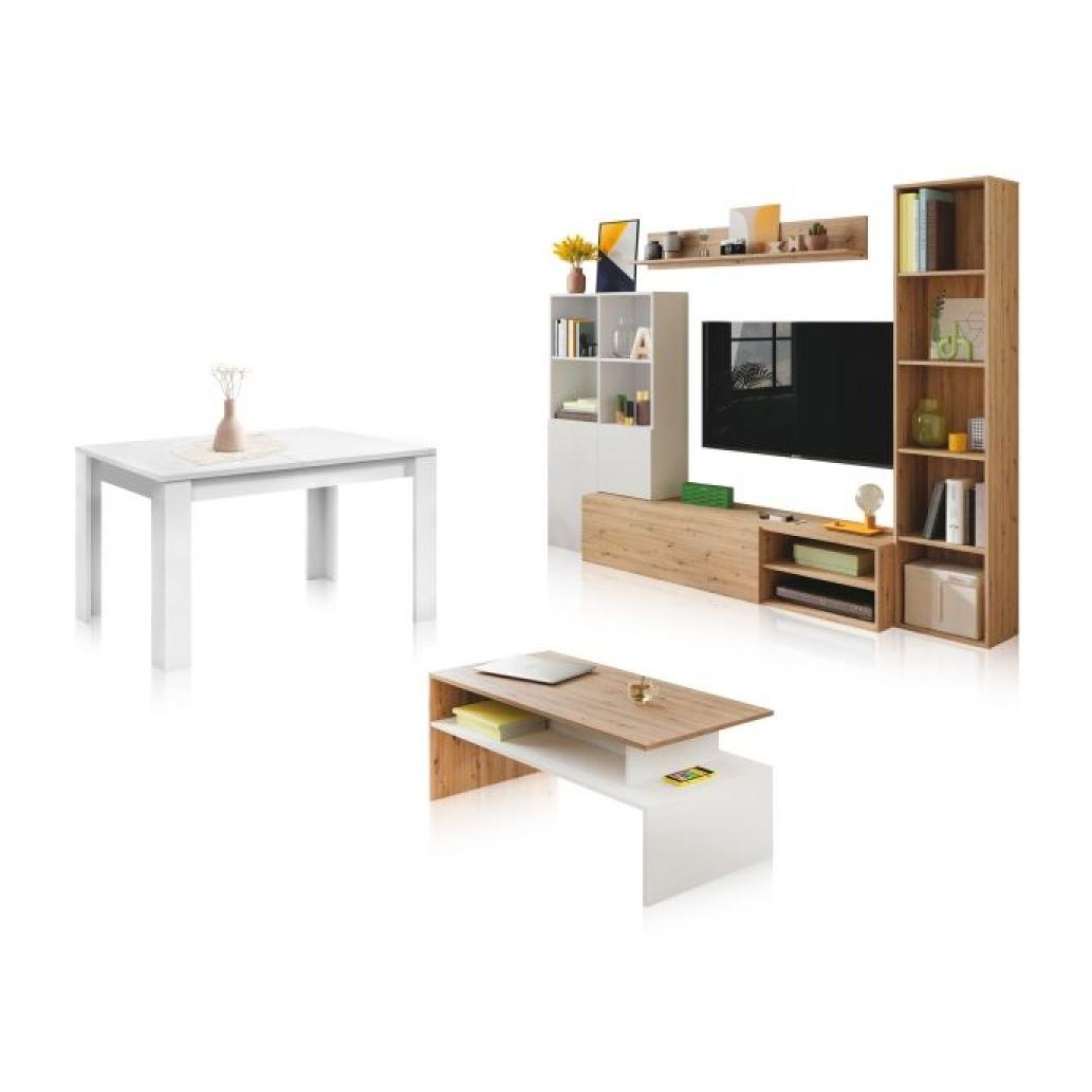 Pack salón con mesa de centro y mesa de comedor Iris Max Blanco Artik (Blanco Mate) - Roble Nodi