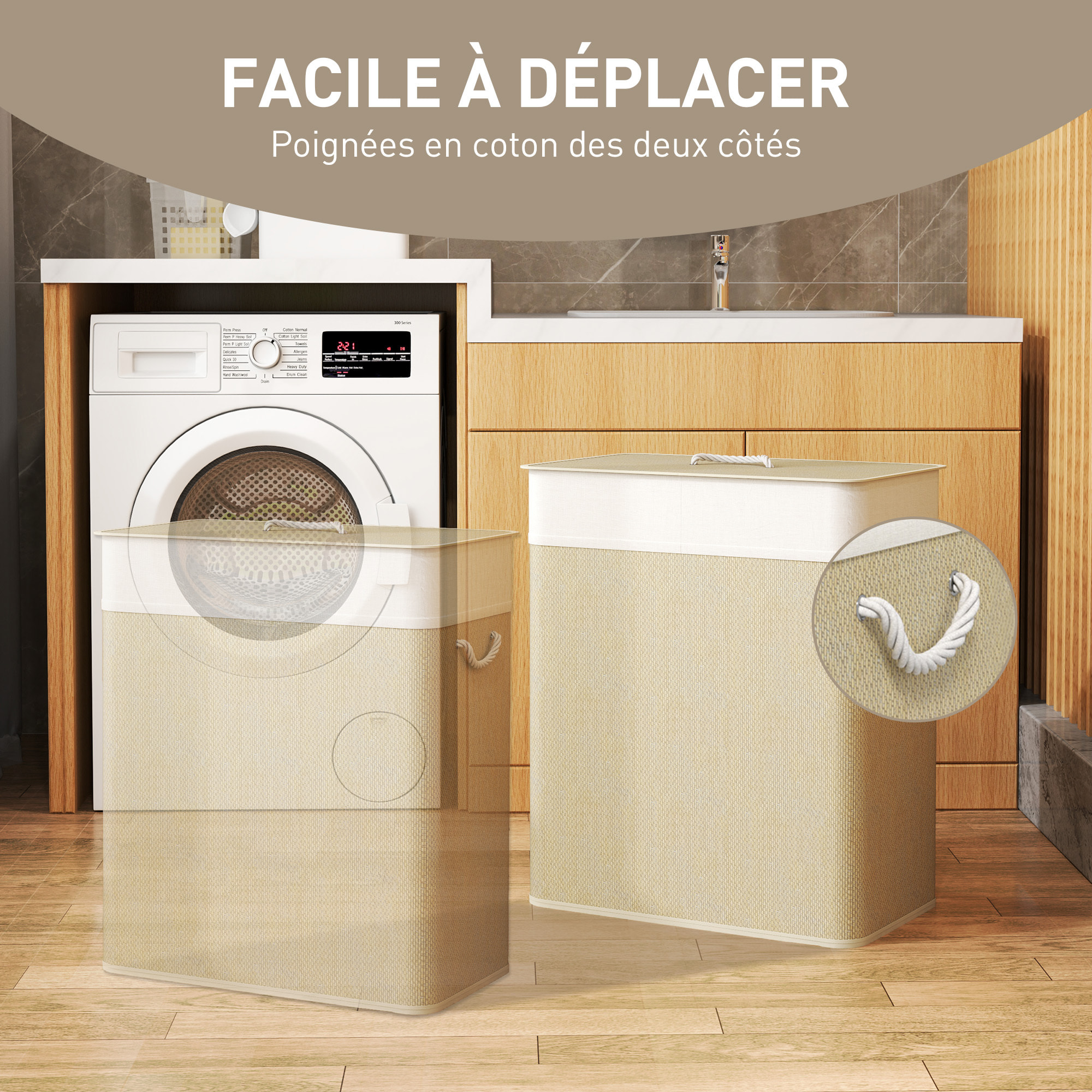 Panier à linge double 100L - corbeille à linge avec couvercle et poignées - tissage bambou écru