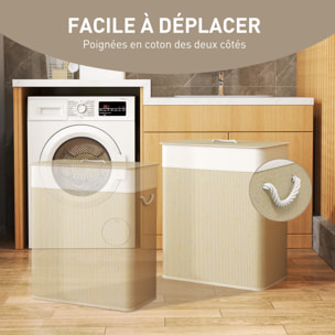 Panier à linge double 100L - corbeille à linge avec couvercle et poignées - tissage bambou écru