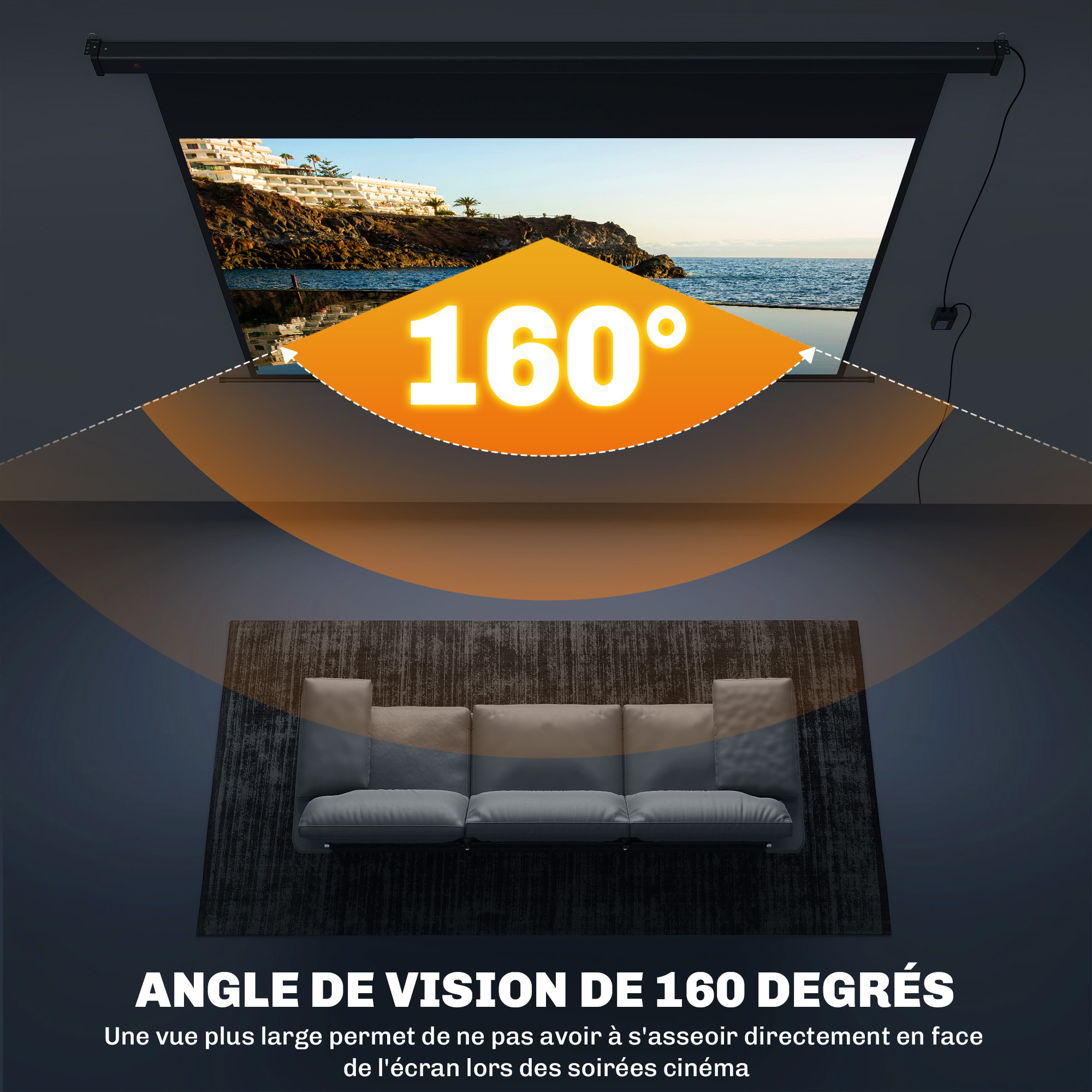 Écran de projection motorisé 100 pouces, 16:9 4K HD - mural avec télécommande - noir