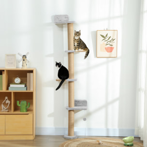 Arbre à chat mural 4 plateformes griffoirs grattoirs boule - 48x21x180cm - gris clair
