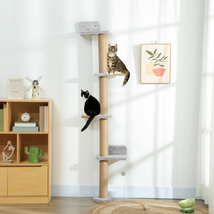Arbre à chat mural 4 plateformes griffoirs grattoirs boule - 48x21x180cm - gris clair
