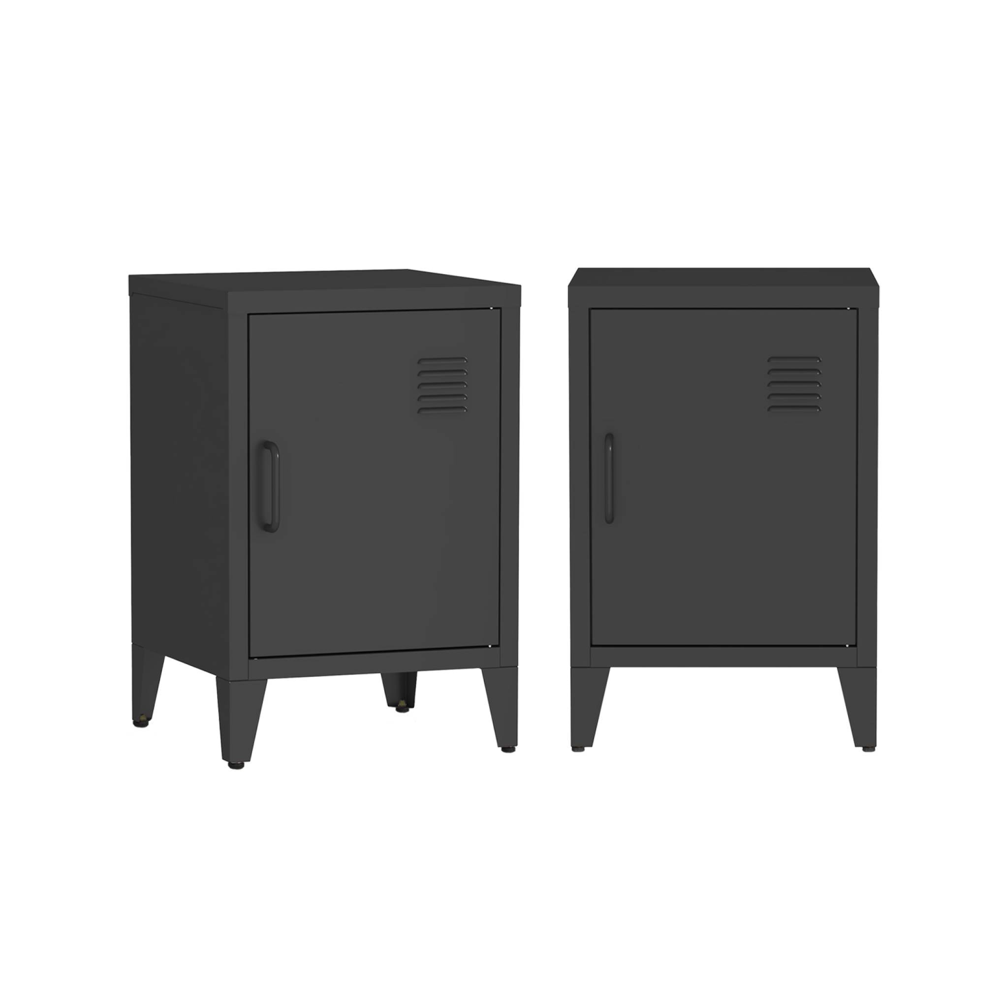 Lot de 2 tables de chevet en acier 1 porte. Noire. casier. L 38 x P 38 x H 55.7 cm
