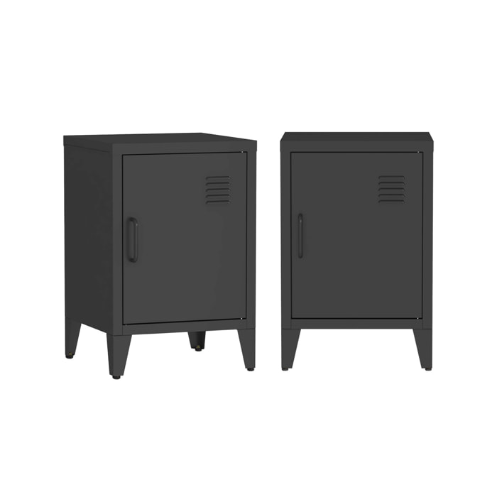 Lot de 2 tables de chevet en acier 1 porte. Noire. casier. L 38 x P 38 x H 55.7 cm