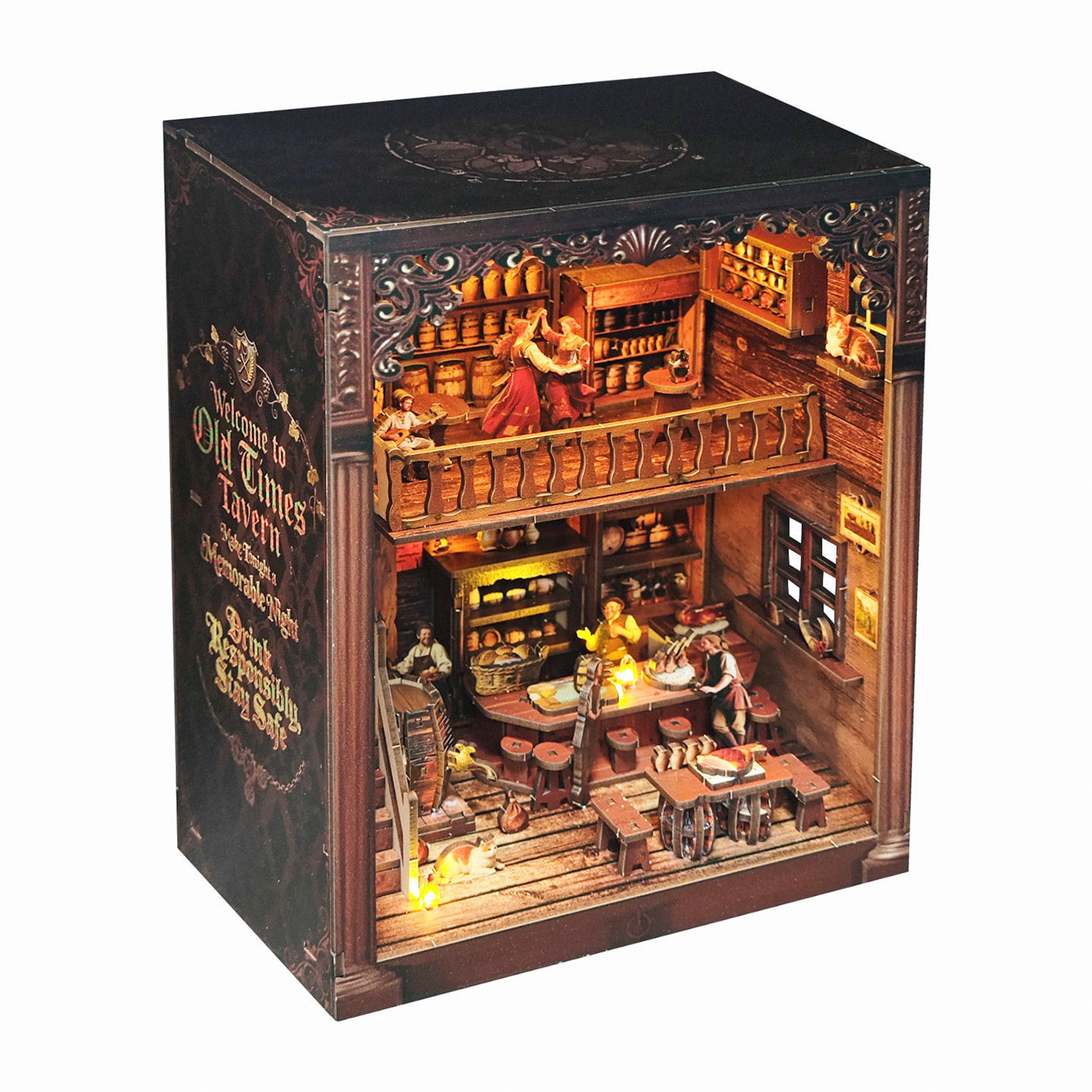 Taberna de antaño. Book Nook de madera con 247 piezas, diseño 3D realista con gran detalle, luces led y cubierta anti polvo.