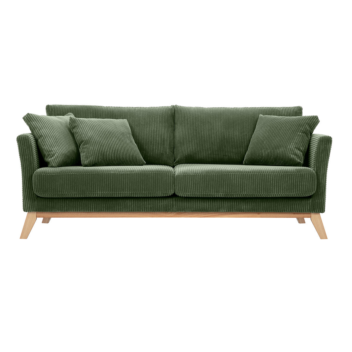 Canapé scandinave déhoussable 3 places en tissu velours côtelé vert kaki et bois clair OSLO