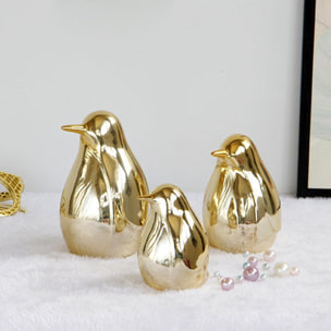 DAM Set 3 Pezzi Figure Decorative Pinguini in Porcellana Dorata 10x13x11 Cm. Colore: oro