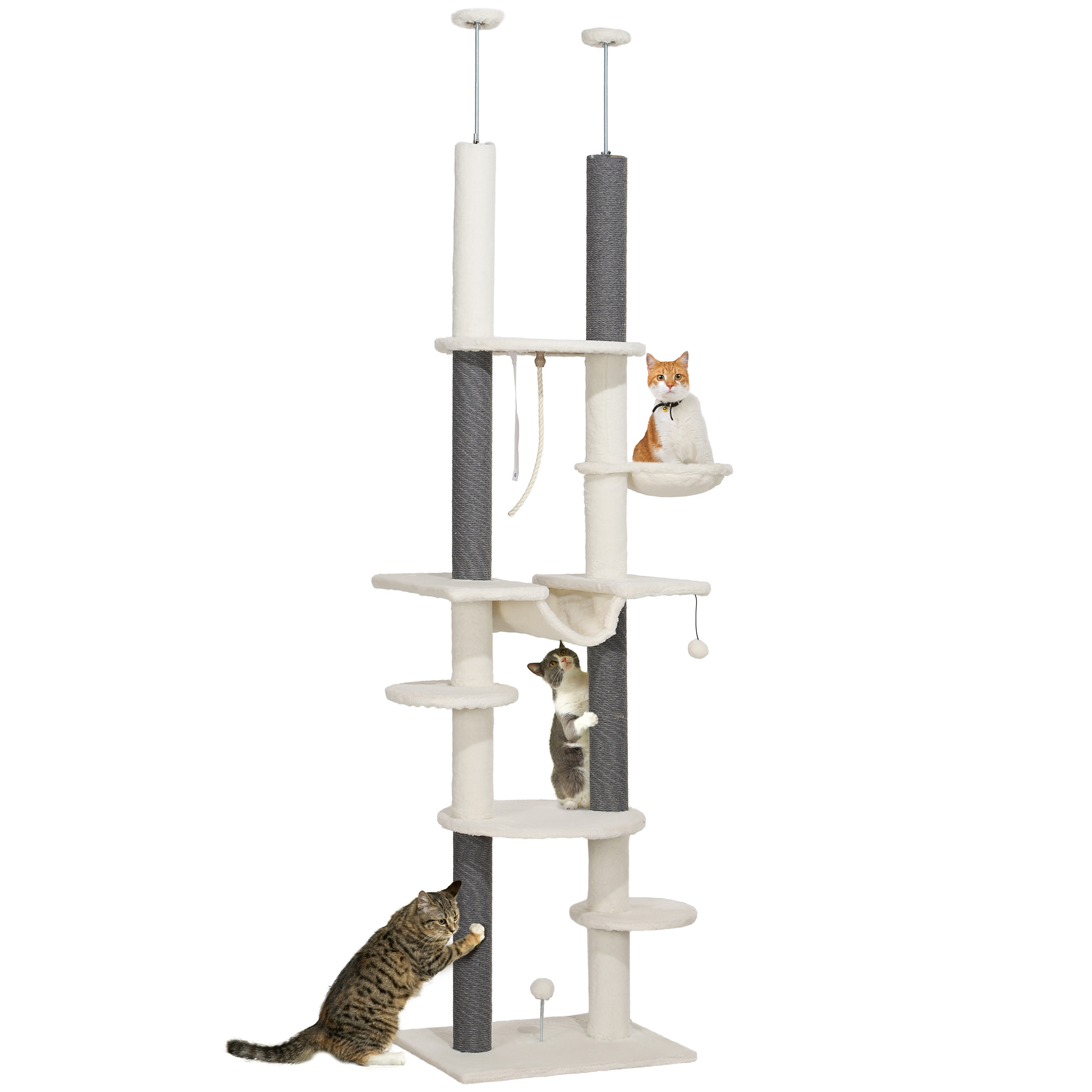 Árbol para Gatos de Suelo a Techo 225-255 cm Árbol Rascador para Gatos de 7 Niveles Torre para Gatos con Hamacas Plataformas Juguete de Cuerda Bola de Juguete Crema y Gris