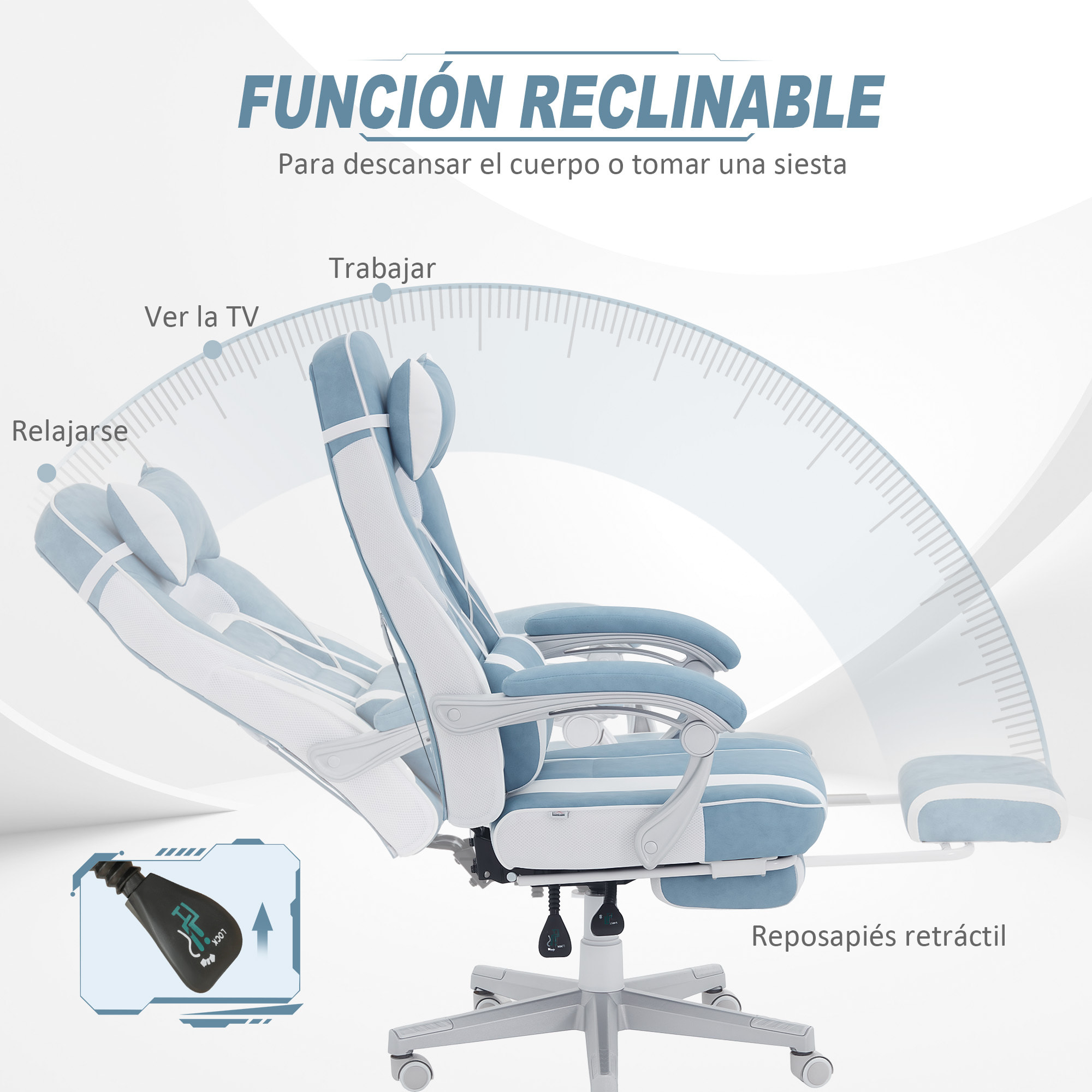 Silla Gaming Silla Gamer Reclinable con Altura Ajustable Reposapiés Retráctil Soporte Lumbar y Reposacabezas Desmontable Silla para Oficina Estudio Azul