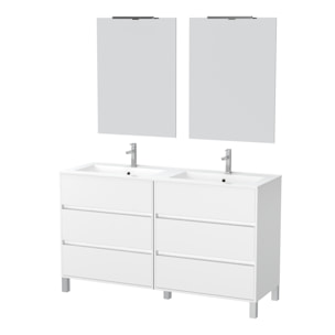 Meuble Salle de Bains 120 cm Laqué Blanc 6 Tiroirs, Vasque, Miroirs 60x80 et Réglettes Led - XENOS