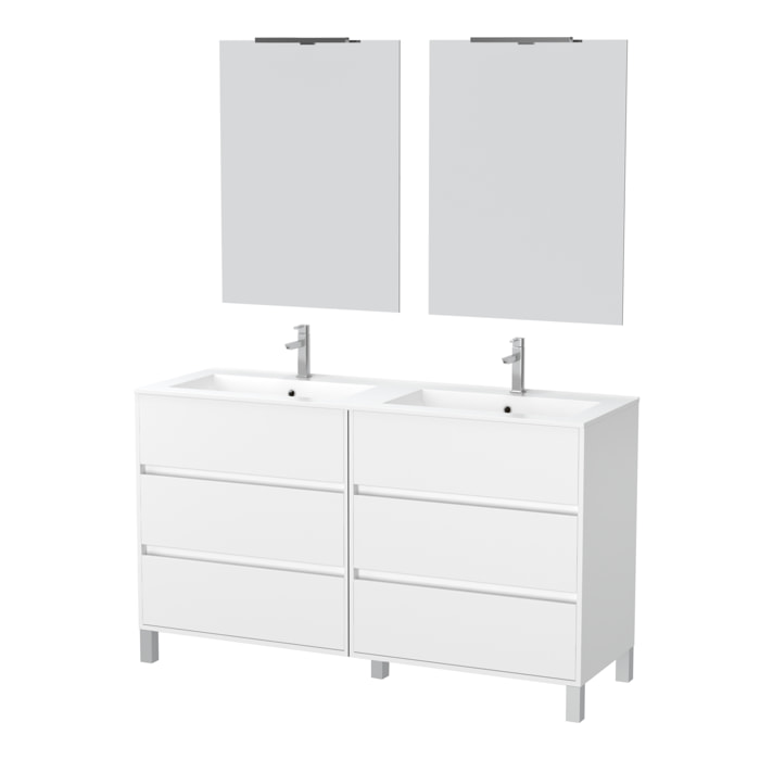 Meuble Salle de Bains 120 cm Laqué Blanc 6 Tiroirs, Vasque, Miroirs 60x80 et Réglettes Led - XENOS