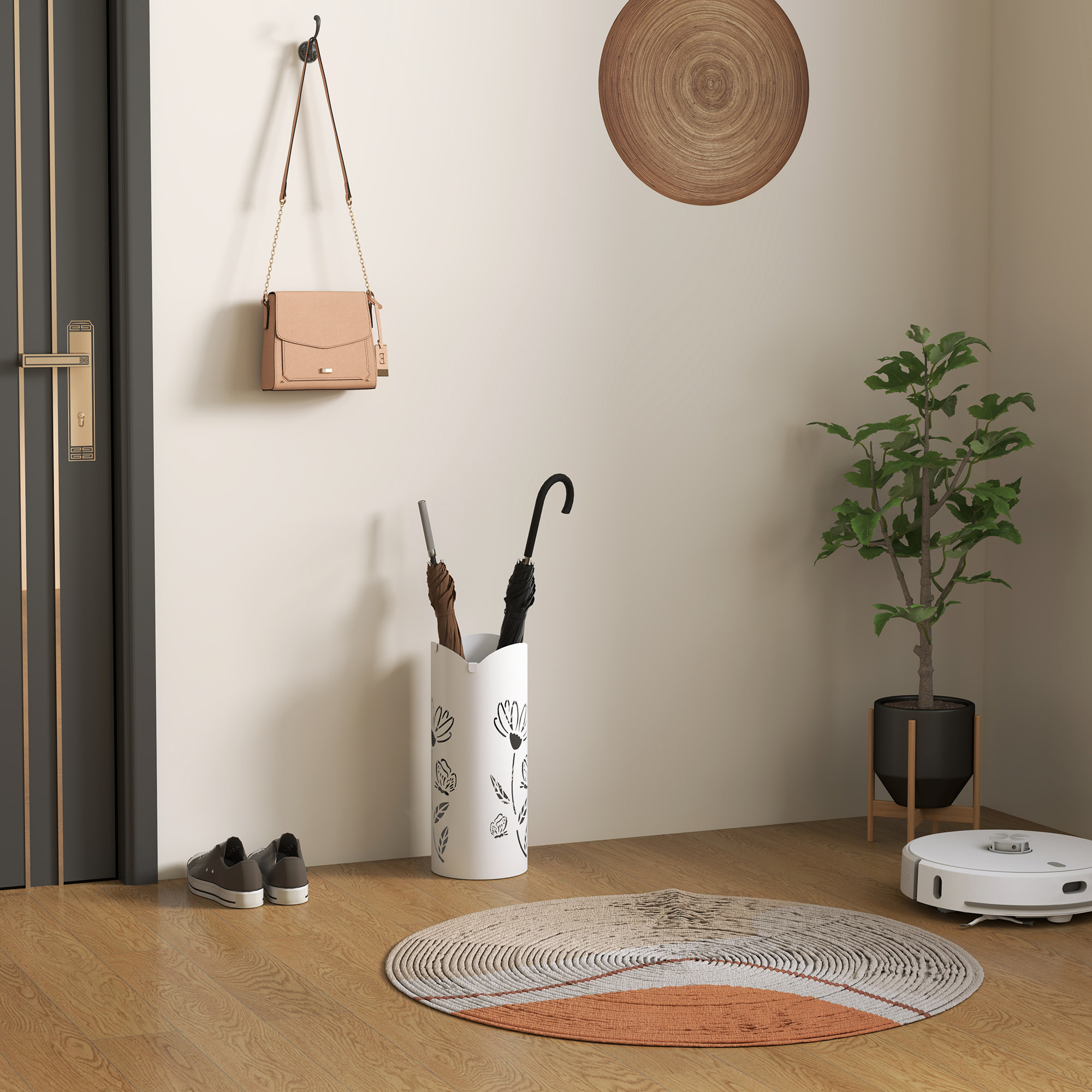 Paragüero de Acero Soporte de Paraguas con 4 Ganchos y Bandeja de Goteo Extraíble Paragüero Blanco para Entrada Oficina 17x17x41 cm